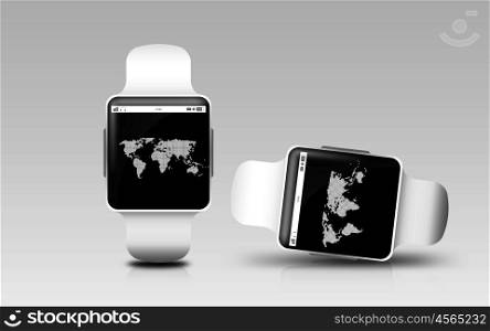 modern technology, object, network, responsive design and communication concept - smart watches with earth globe on screen over gray background
