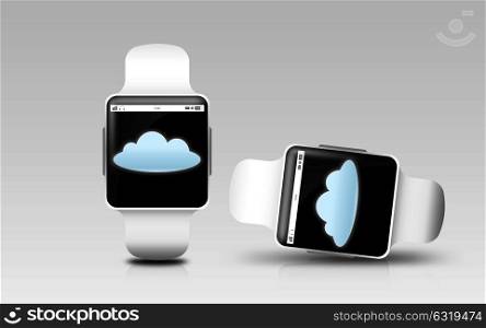 modern technology, object, responsive design and computing concept - smart watches with cloud icon on screen over gray background. smart watches with cloud icon on screen