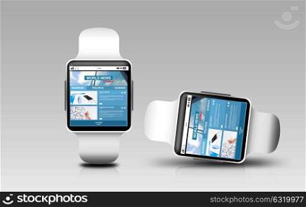 modern technology, object, responsive design and mass media concept - smart watches with world news web page on screen over gray background. smart watches with world news page on screen