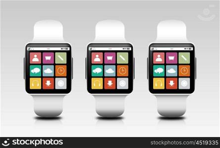 modern technology, object, responsive design and media concept - smart watches with menu icons on screen over gray background