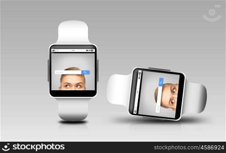 modern technology, object, responsive design and media concept - smart watches with internet browser search bar on screen over gray background