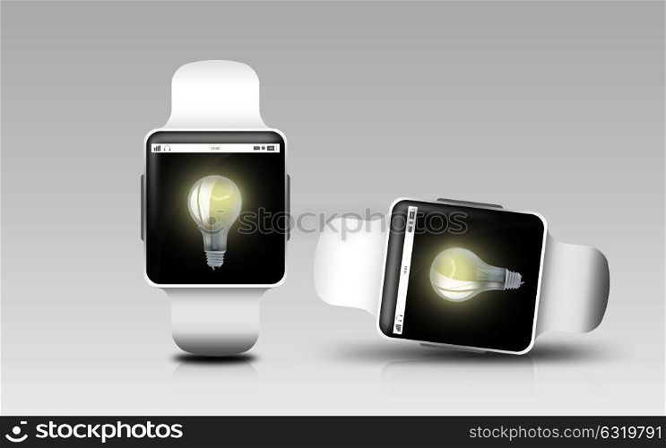 modern technology, object, responsive design and media concept - smart watches with light bulb on screen over gray background. smart watches with light bulb on screen