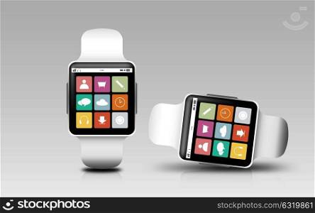 modern technology, object, responsive design and media concept - smart watches with menu icons on screen over gray background. smart watches with menu icons on screen