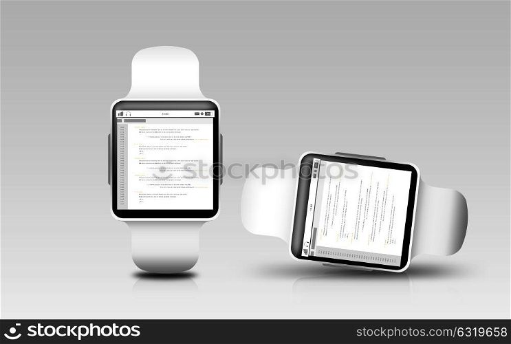 modern technology, object, responsive design and programming concept - smart watches with coding on screen over gray background. smart watches with coding on screen
