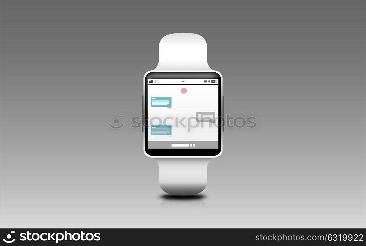 modern technology, online communication, object and media concept - illustration of black smart watch with messenger application on screen over gray background. illustration of smart watch with messenger application