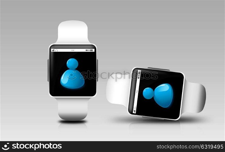 modern technology, responsive design and communication concept - smart watches with contact icon on screen over gray background. smart watches with contact icon on screen