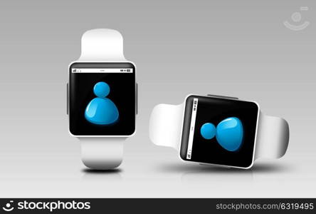 modern technology, responsive design and communication concept - smart watches with contact icon on screen over gray background. smart watches with contact icon on screen