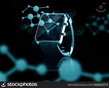 modern technology, science, biology and object concept - close up of black smart watch over hydrogen molecular projections