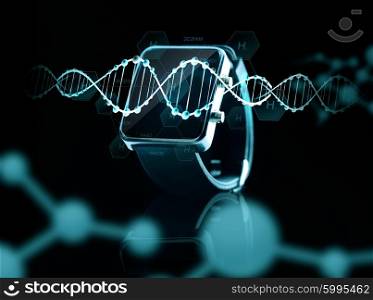 modern technology, science, biology and object concept - close up of black smart watch over dna molecular projections