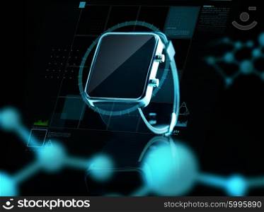 modern technology, science, biology and object concept - close up of black smart watch over virtual screen and molecular projections