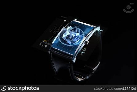modern technology, science, object and media concept - close up of black smart watch with polygonal shape projection over screen