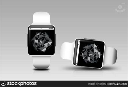 modern technology, science, object, responsive design and media concept - smart watches with polygonal shape projection on screen over gray background. smart watches with polygonal projection on screen