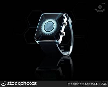 modern technology, settings, object and media concept - close up of black smart watch with cogwheel icon on screen