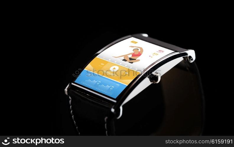 modern technology, sport, fitness, object and media concept - close up of black smart watch with sports application on screen