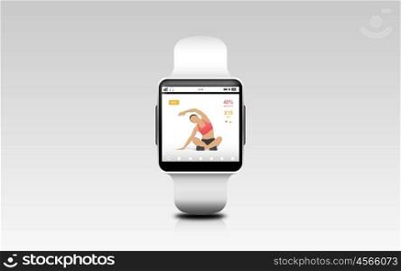 modern technology, sport, object and media concept - illustration of black smart watch with fitness app on screen over gray background