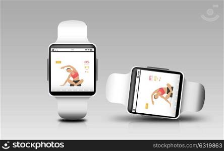 modern technology, sport, object, responsive design and media concept - smart watches with fitness app on screen over gray background. smart watches with fitness app on screen