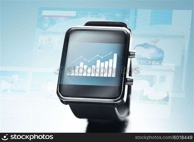 modern technology, statistics, business and object concept - close up of black smart watch with chart on screen over blue background