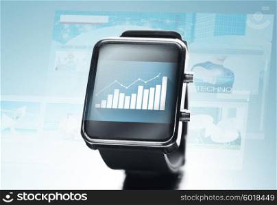 modern technology, statistics, business and object concept - close up of black smart watch with chart on screen over blue background