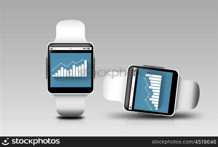 modern technology, statistics, object and responsive design concept - smart watches with charts on screen over gray background