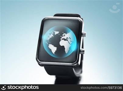 modern technology, time, object and media concept - close up of black smart watch over blue background