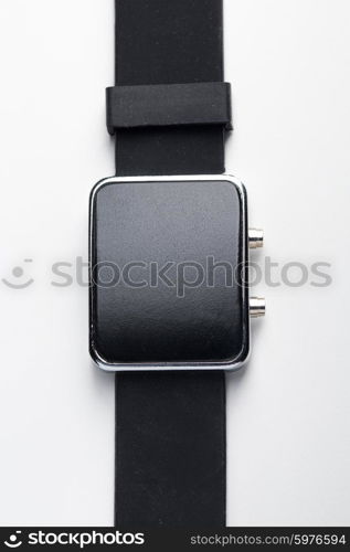 modern technology, time, object and media concept - close up of black smart watch