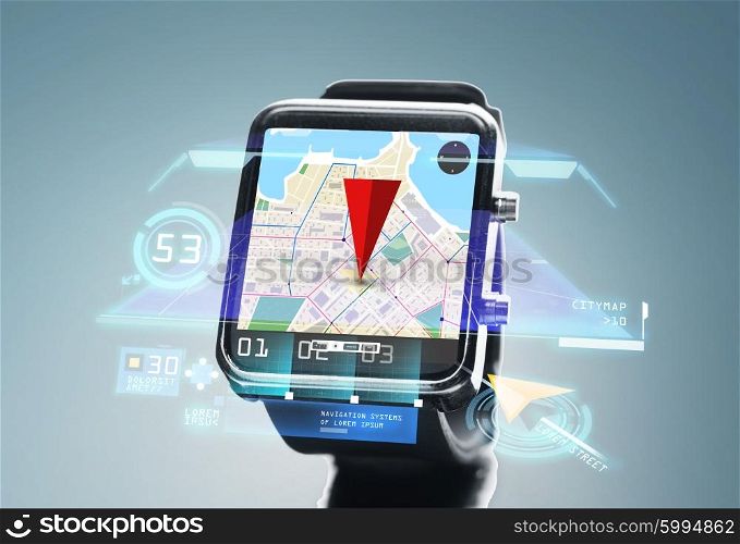 modern technology, travel, navigation, object and location concept - close up of black smartwatch with navigator map on screen over blue background