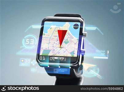 modern technology, travel, navigation, object and location concept - close up of black smartwatch with navigator map on screen over blue background