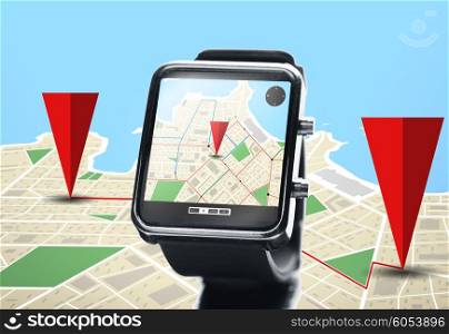 modern technology, travel, navigation, object and location concept - close up of black smartwatch with navigator on screen over map background