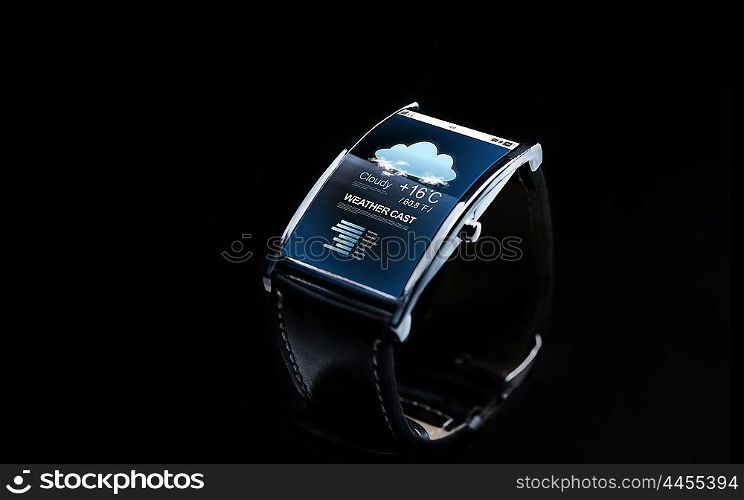 modern technology, weather cast, object and media concept - close up of black smart watch with meteo forecast on screen