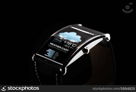 modern technology, weather cast, object and media concept - close up of black smart watch with forecast application icon