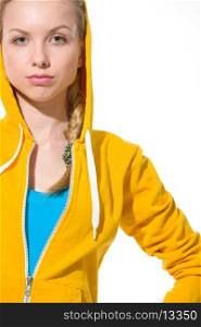 Modern teenager girl in sweater with draped hood
