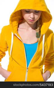 Modern teenager girl in sweater with draped hood