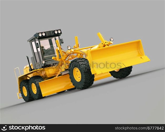Modern three-axle road grader on a gray background