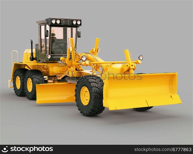 Modern three-axle road grader on a gray background