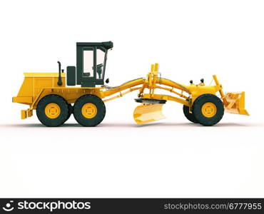 Modern three-axle road grader on a light background