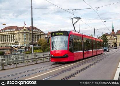 Modern tram in Bern in a summer day