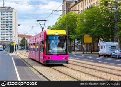 Modern tram in Dresden in a beautiful summer day in Dresden, Germany