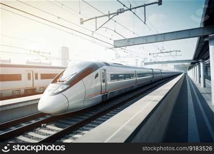 modern transport system, with high-speed trains and sleek stations, transporting people across the country, created with generative ai. modern transport system, with high-speed trains and sleek stations, transporting people across the country