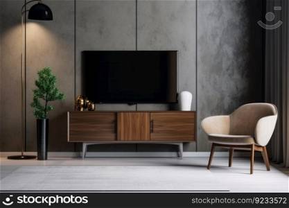 Modern tv cabinet armchair design. Cozy apartment. Generate Ai. Modern tv cabinet armchair design. Generate Ai