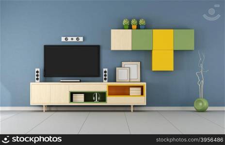 Modern TV wall unit in a blue living room - 3D Rendering