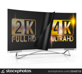 modern TV with 2K and 4K Ultra HD inscription on the screen