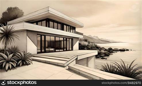 Modern villa by the sea.  Architectural sketch drawing style generative AI illustration 