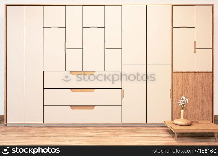 Modern wall wardrobe wooden japanese style and sofa armchair wooden on Empty room minimal interior.3D rendering
