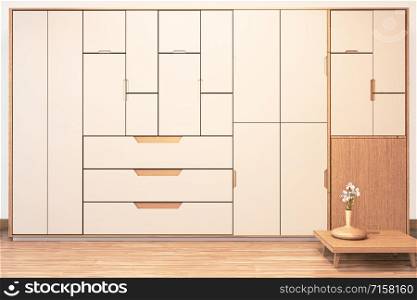 Modern wall wardrobe wooden japanese style and sofa armchair wooden on Empty room minimal interior.3D rendering