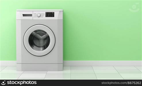 modern washing machine in front of green wall. 3d illustration