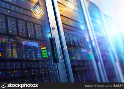 Modern web network and internet telecommunication technology, big data storage and cloud computing computer service business concept  3D render illustration of the macro view of server room interior in datacenter with selective focus effect