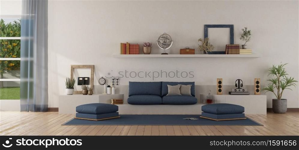 Modern white and blue living room with sofa with sofa on a white masonry structure - 3d rendering. Modern white and blue living room