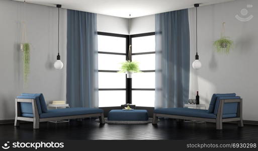 Modern white and blue lounge. Modern white and blue living room with two chaise lounges - 3d rendering