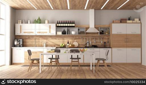 Modern white and wooden kitchen with dining table on hardwood floor - 3d rendering. Modern white and wooden kitchen