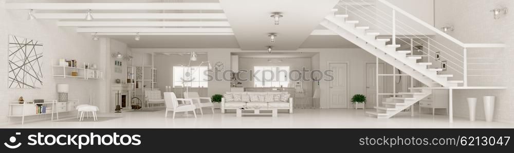 Modern white apartment interior, living room, hall, kitchen, dining room,staircase, panorama 3d rendering